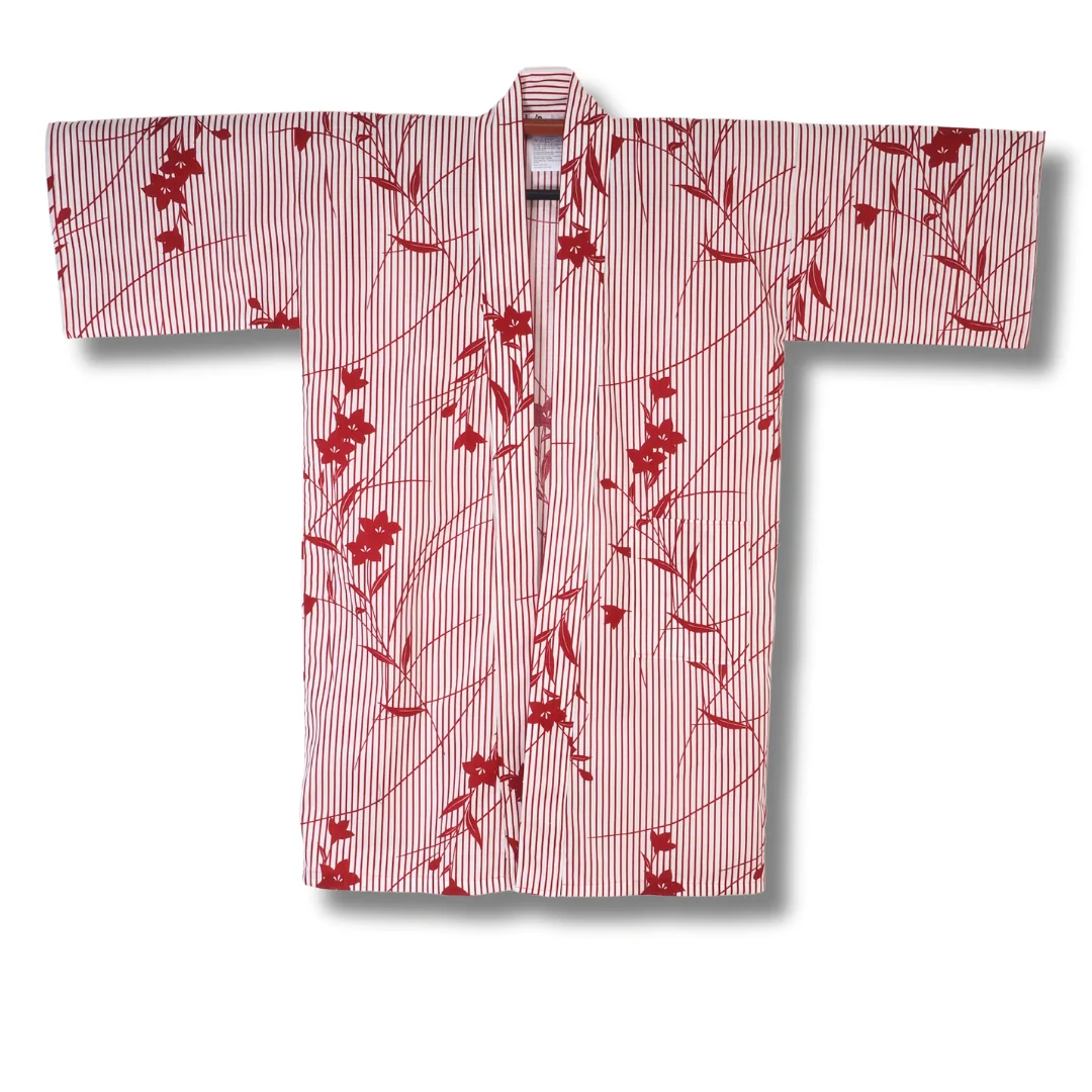 Damen Yukata kurz weiß mit roten Streifen & Blumen - Image 2