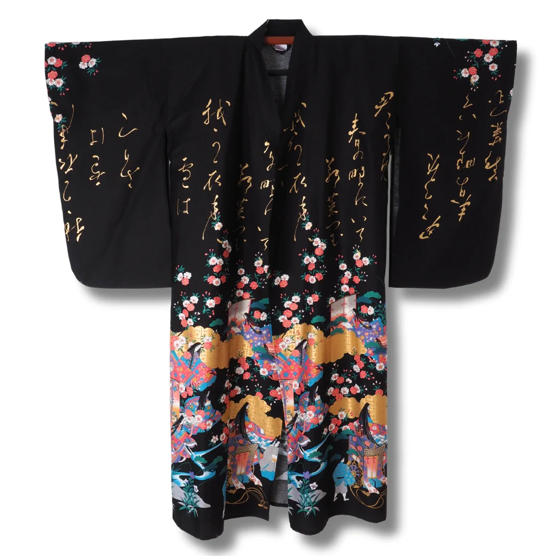 Damen Yukata schwarz mit bunten Blumen & japanischem Muster - Image 2